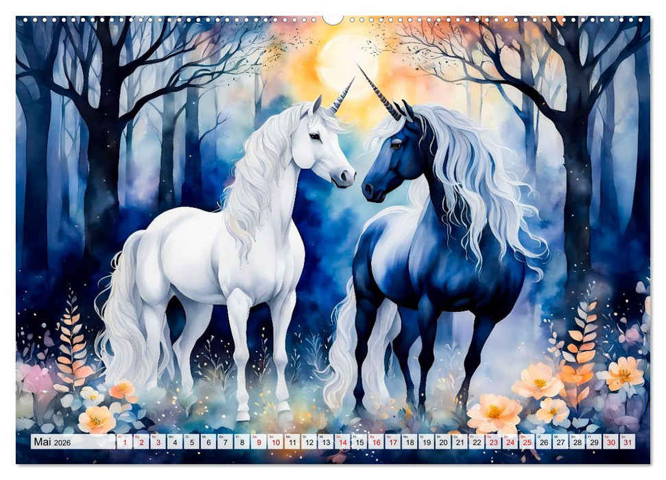 Magische Einhörner - Traumlandschaften unterm Regenbogen (CALVENDO Premium Wandkalender 2026)