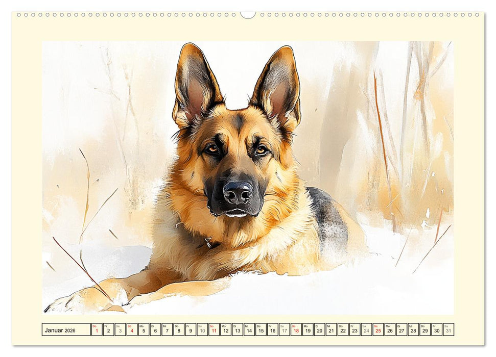 Deutsche Schäferhunde. Majestätische Wächter im Aquarell-Stil (CALVENDO Premium Wandkalender 2026)