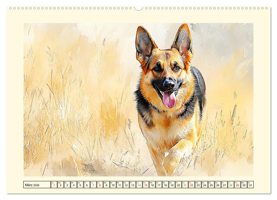 Deutsche Schäferhunde. Majestätische Wächter im Aquarell-Stil (CALVENDO Premium Wandkalender 2026)