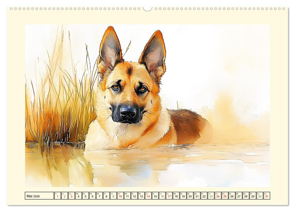 Deutsche Schäferhunde. Majestätische Wächter im Aquarell-Stil (CALVENDO Premium Wandkalender 2026)
