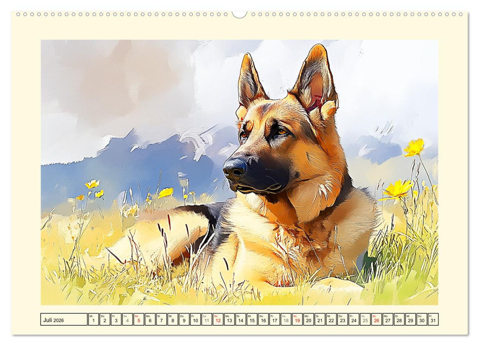 Deutsche Schäferhunde. Majestätische Wächter im Aquarell-Stil (CALVENDO Premium Wandkalender 2026)