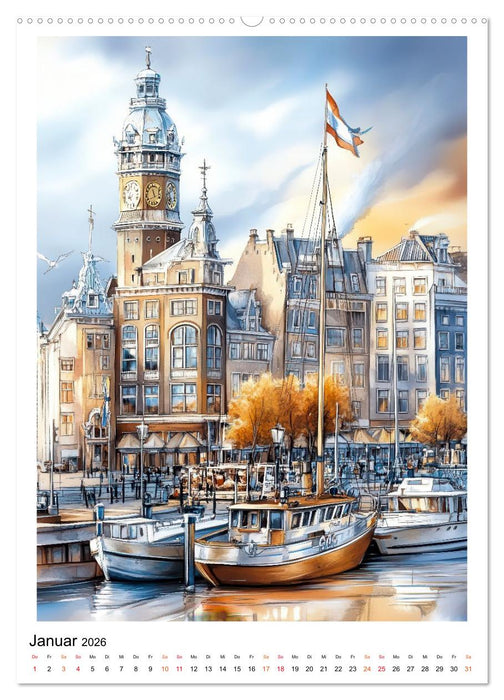 Amsterdam - Fahrräder, Giebel, Grachten (CALVENDO Premium Wandkalender 2026)