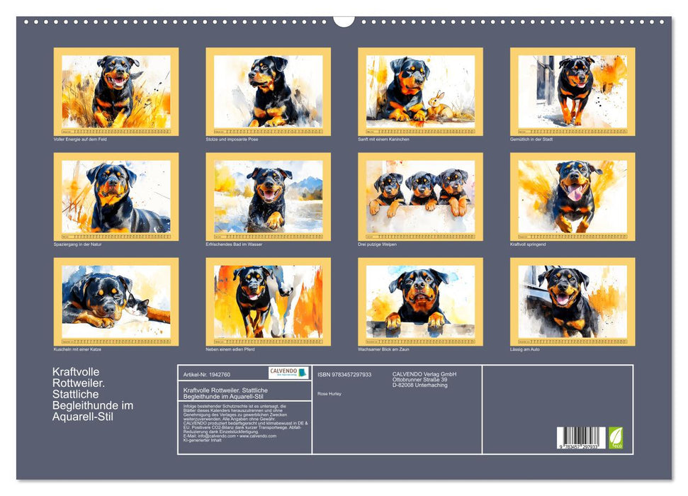 Kraftvolle Rottweiler. Stattliche Begleithunde im Aquarell-Stil (CALVENDO Wandkalender 2026)