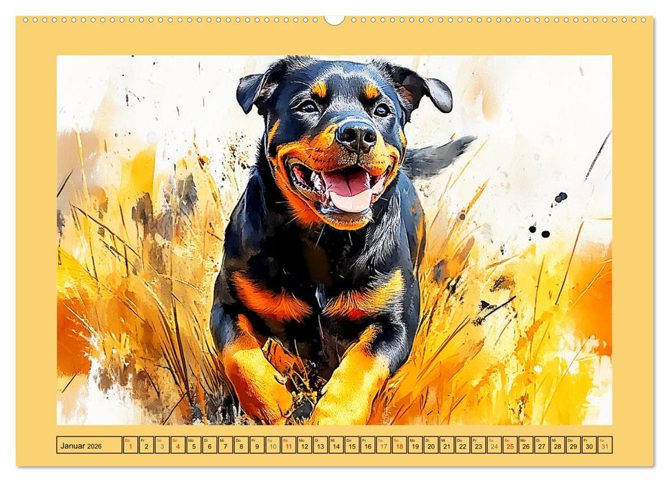 Kraftvolle Rottweiler. Stattliche Begleithunde im Aquarell-Stil (CALVENDO Wandkalender 2026)