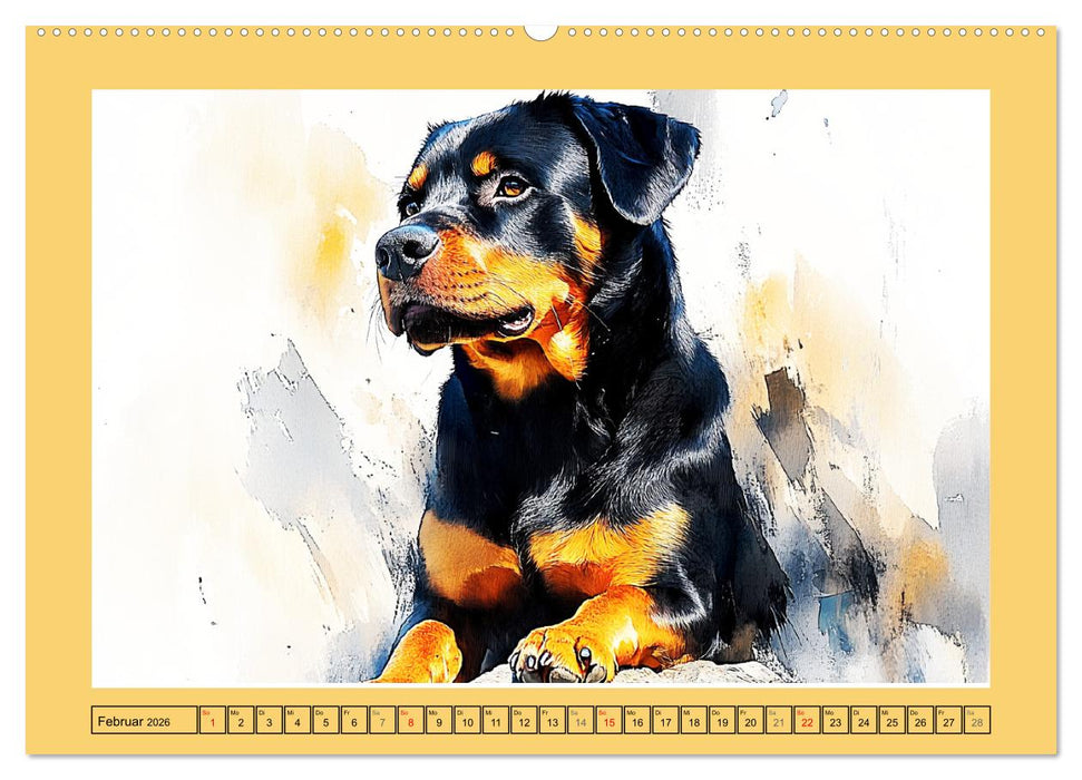 Kraftvolle Rottweiler. Stattliche Begleithunde im Aquarell-Stil (CALVENDO Wandkalender 2026)