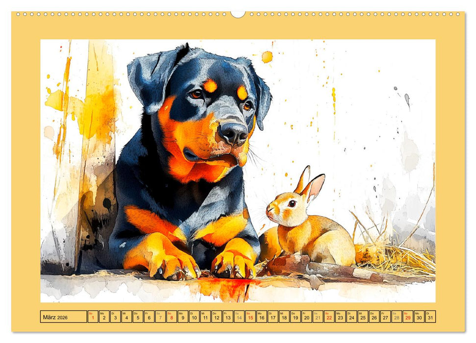 Kraftvolle Rottweiler. Stattliche Begleithunde im Aquarell-Stil (CALVENDO Premium Wandkalender 2026)