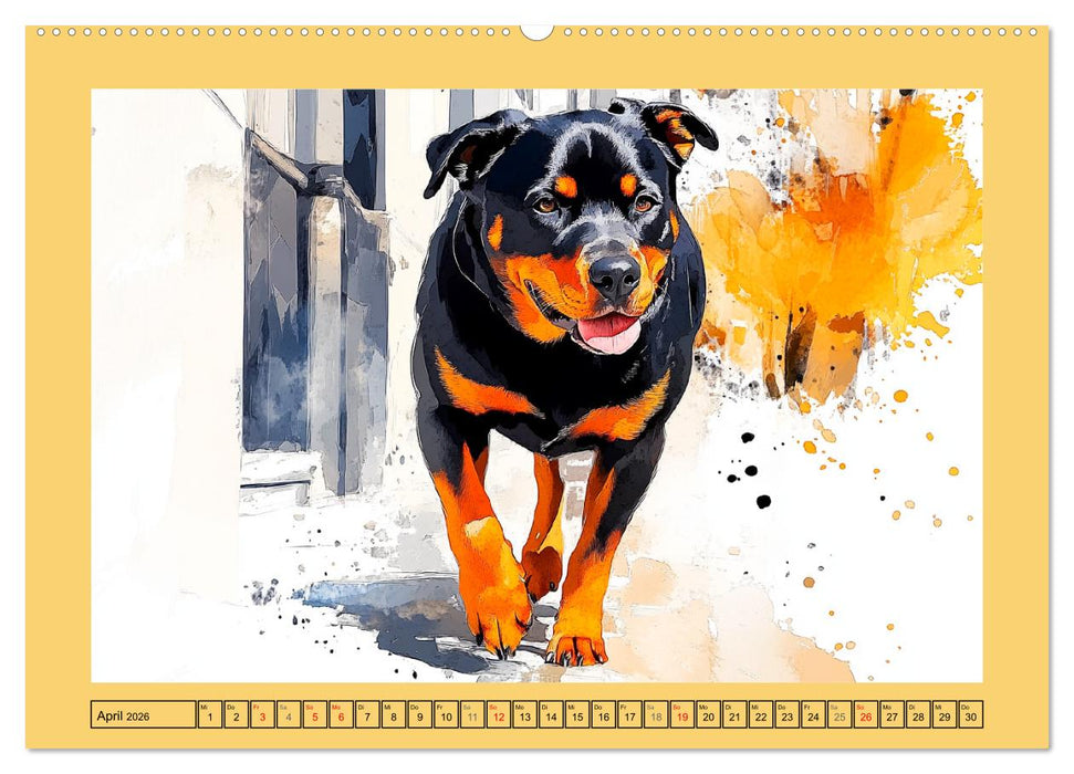 Kraftvolle Rottweiler. Stattliche Begleithunde im Aquarell-Stil (CALVENDO Premium Wandkalender 2026)