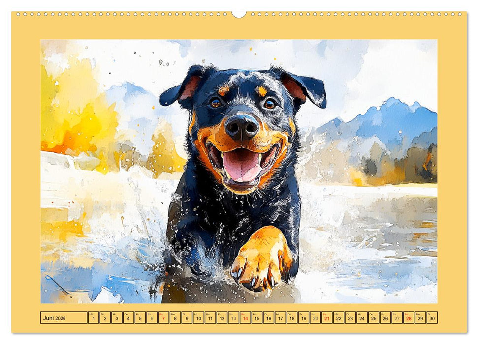 Kraftvolle Rottweiler. Stattliche Begleithunde im Aquarell-Stil (CALVENDO Premium Wandkalender 2026)