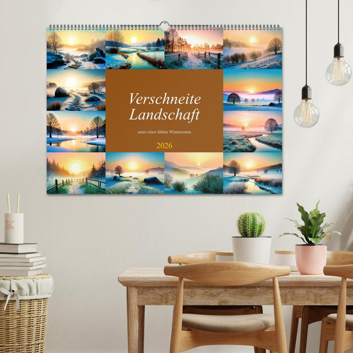 Verschneite Landschaft unter einer fahlen Wintersonne (CALVENDO Wandkalender 2026)