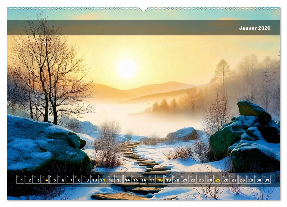 Verschneite Landschaft unter einer fahlen Wintersonne (CALVENDO Wandkalender 2026)