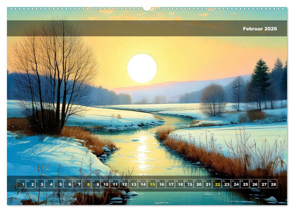 Verschneite Landschaft unter einer fahlen Wintersonne (CALVENDO Wandkalender 2026)