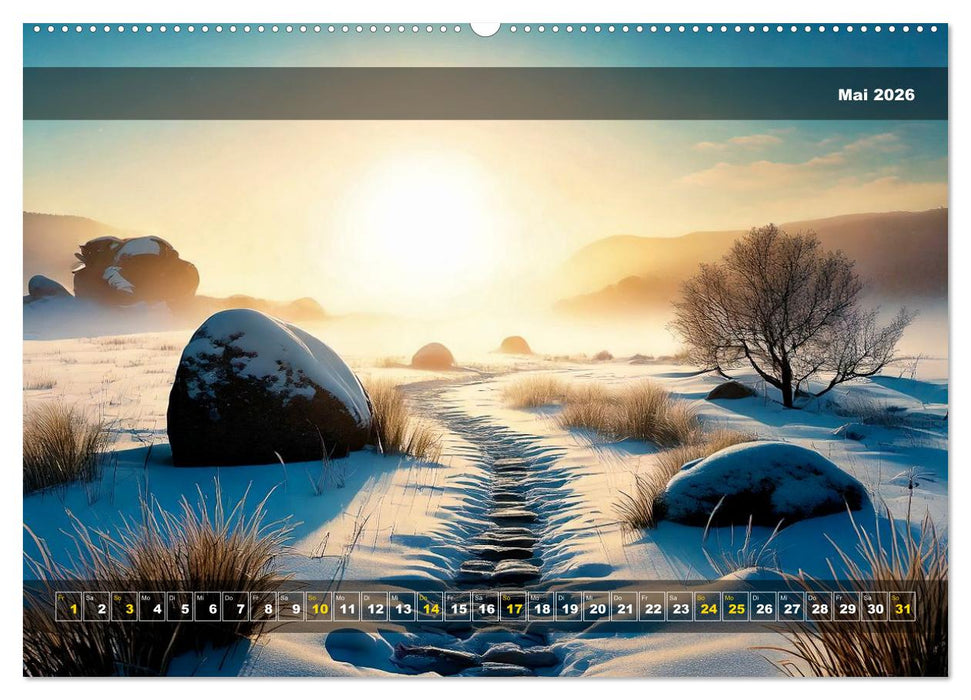 Verschneite Landschaft unter einer fahlen Wintersonne (CALVENDO Wandkalender 2026)
