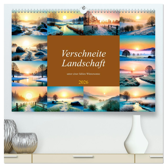Verschneite Landschaft unter einer fahlen Wintersonne (CALVENDO Premium Wandkalender 2026)