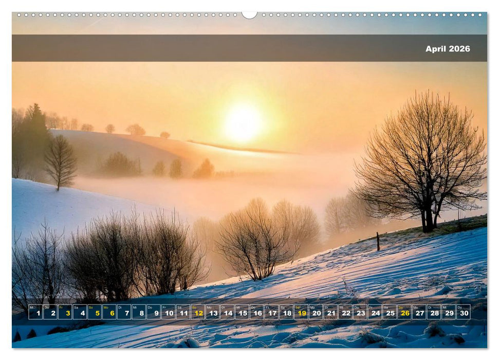Verschneite Landschaft unter einer fahlen Wintersonne (CALVENDO Premium Wandkalender 2026)