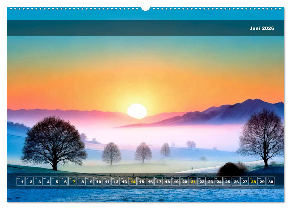 Verschneite Landschaft unter einer fahlen Wintersonne (CALVENDO Premium Wandkalender 2026)