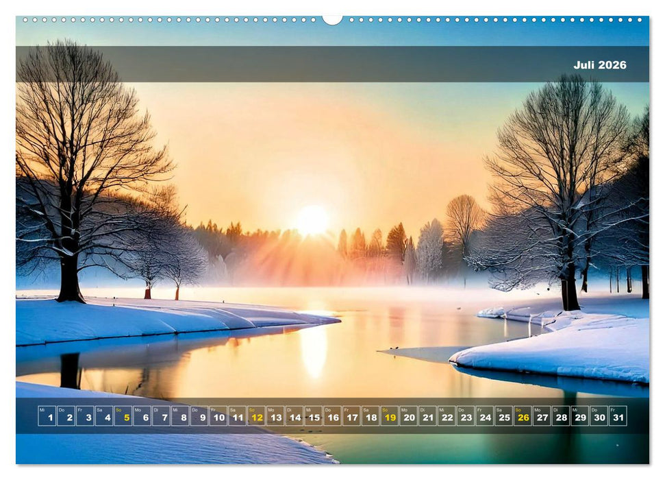 Verschneite Landschaft unter einer fahlen Wintersonne (CALVENDO Premium Wandkalender 2026)