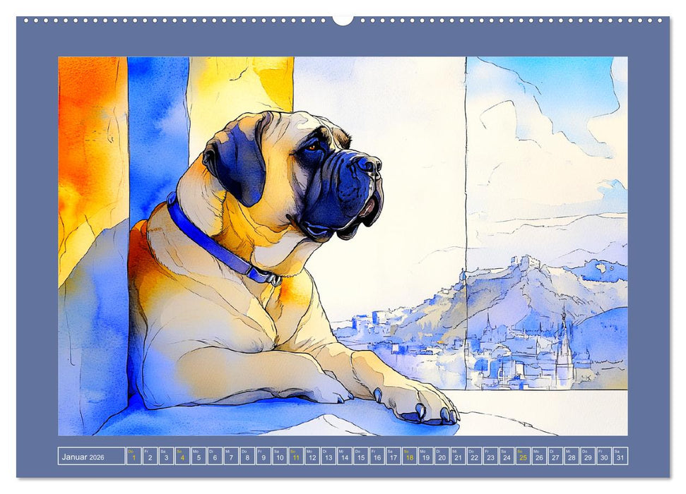 Majestätische English Mastiffs. Sanfte Riesen in Aquarell-Eleganz (CALVENDO Premium Wandkalender 2026)