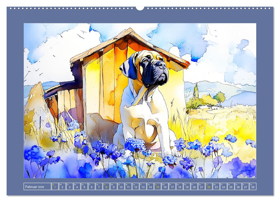 Majestätische English Mastiffs. Sanfte Riesen in Aquarell-Eleganz (CALVENDO Premium Wandkalender 2026)