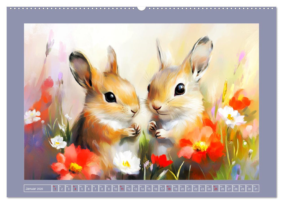 Nagerglück und Blütenzauber. Niedliche Tierchen im romantischen Stil (CALVENDO Premium Wandkalender 2026)