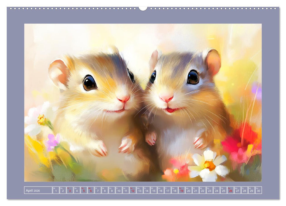 Nagerglück und Blütenzauber. Niedliche Tierchen im romantischen Stil (CALVENDO Premium Wandkalender 2026)