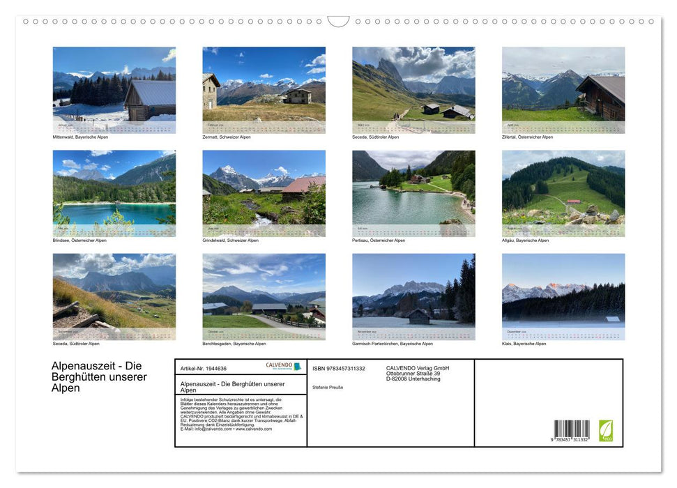Alpenauszeit - Die Berghütten unserer Alpen (CALVENDO Wandkalender 2026)