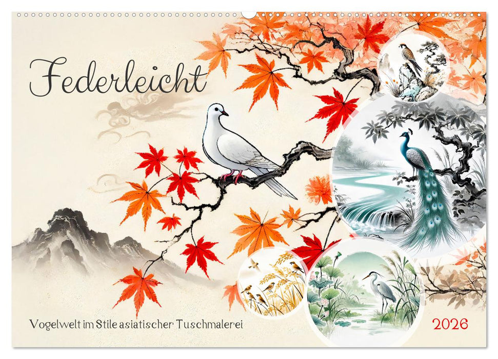 Federleicht - Vogelwelt im Stile asiatischer Tuschmalerei (CALVENDO Wandkalender 2026)