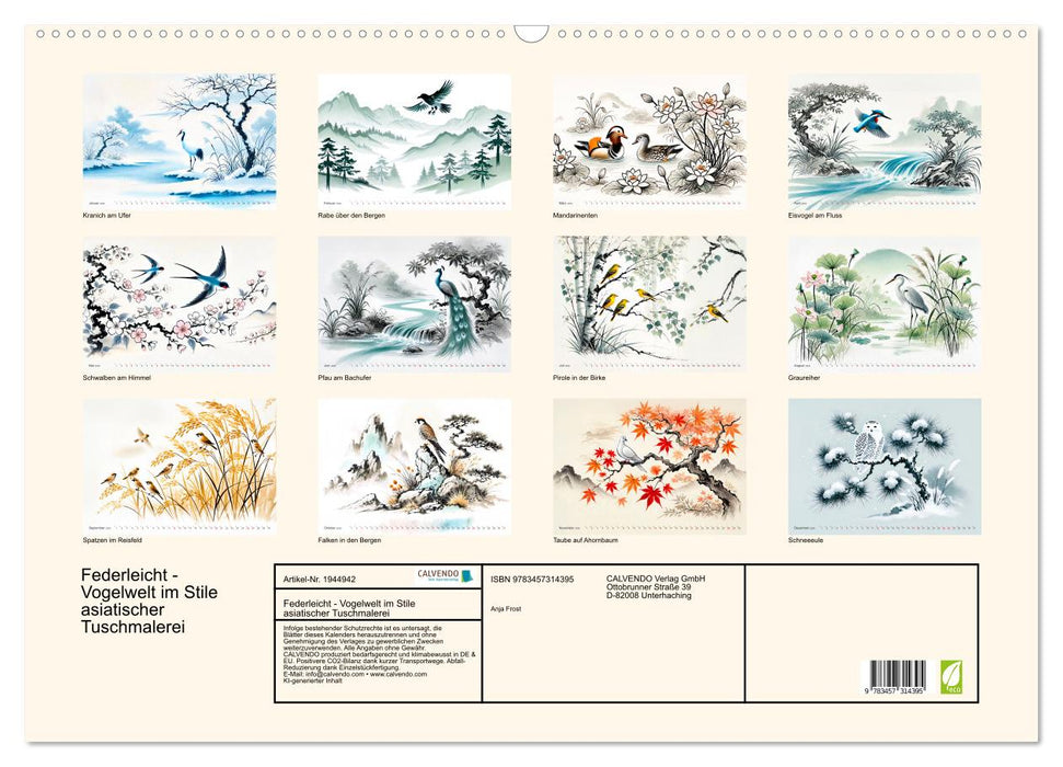 Federleicht - Vogelwelt im Stile asiatischer Tuschmalerei (CALVENDO Wandkalender 2026)