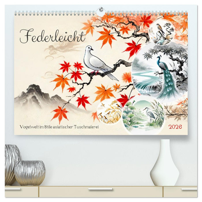 Federleicht - Vogelwelt im Stile asiatischer Tuschmalerei (CALVENDO Premium Wandkalender 2026)