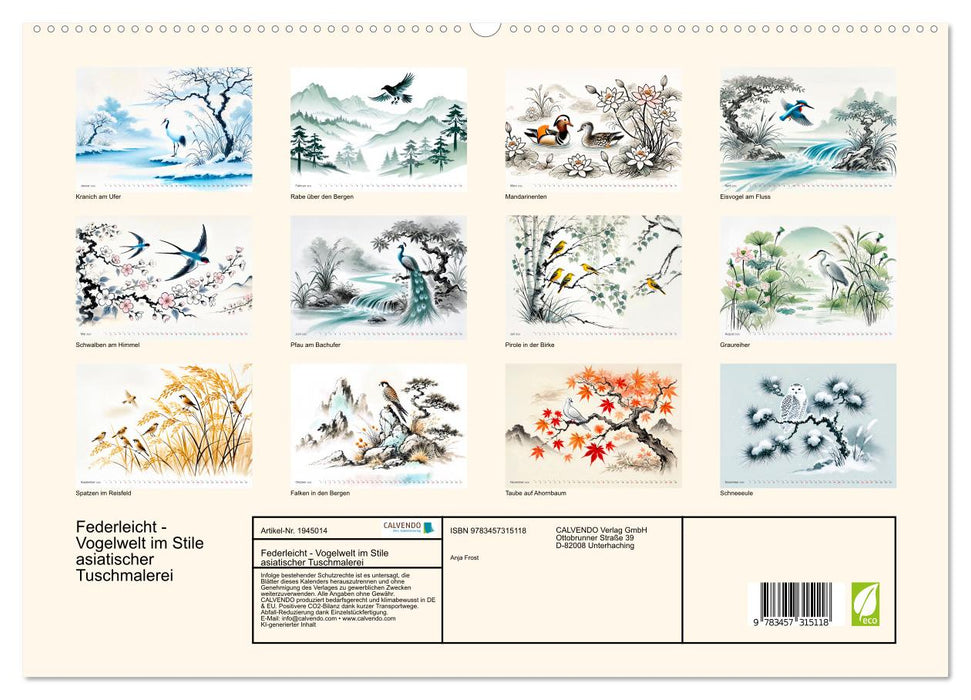 Federleicht - Vogelwelt im Stile asiatischer Tuschmalerei (CALVENDO Premium Wandkalender 2026)