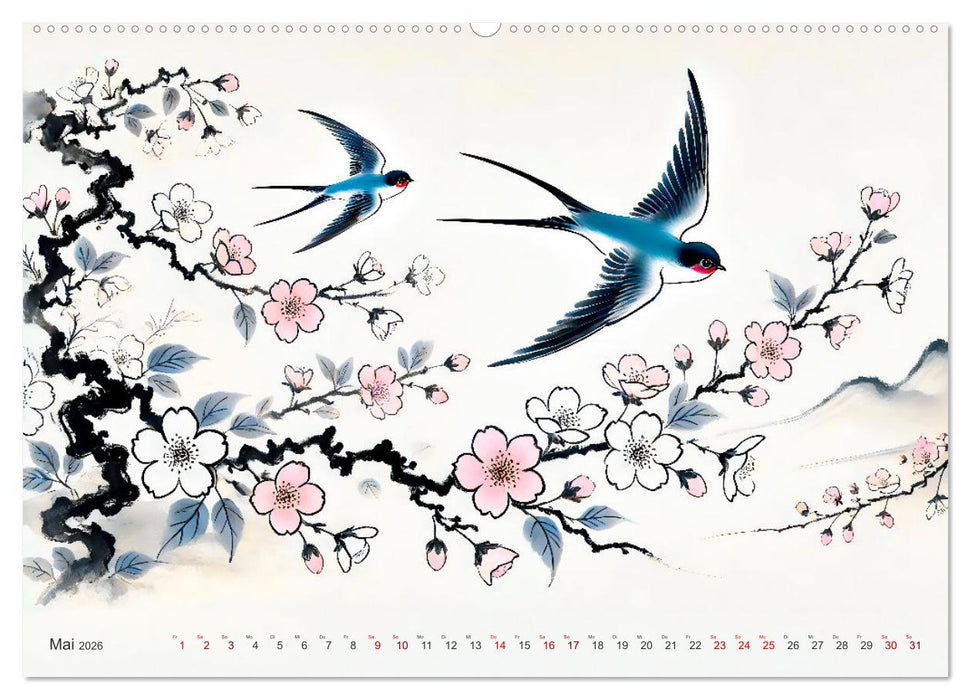 Federleicht - Vogelwelt im Stile asiatischer Tuschmalerei (CALVENDO Premium Wandkalender 2026)