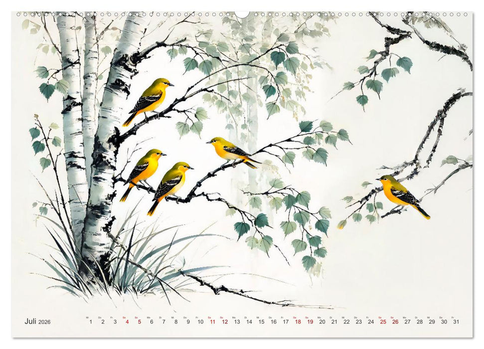 Federleicht - Vogelwelt im Stile asiatischer Tuschmalerei (CALVENDO Premium Wandkalender 2026)