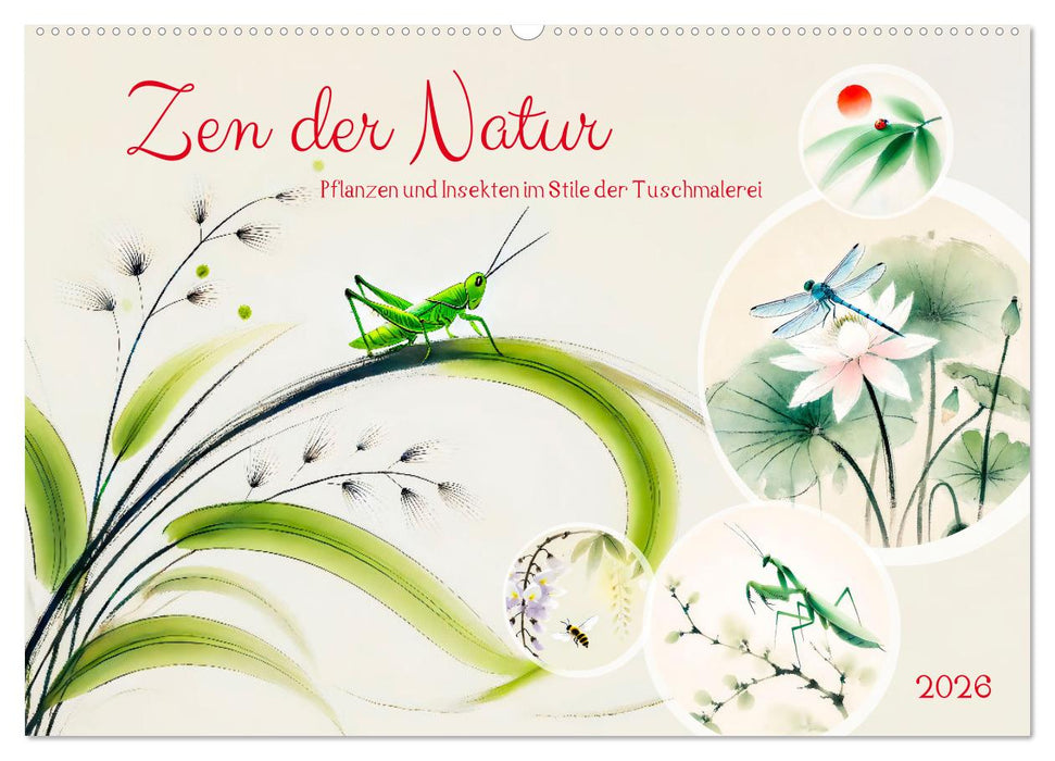 Zen der Natur - Pflanzen und Insekten im Stile der Tuschmalerei (CALVENDO Wandkalender 2026)