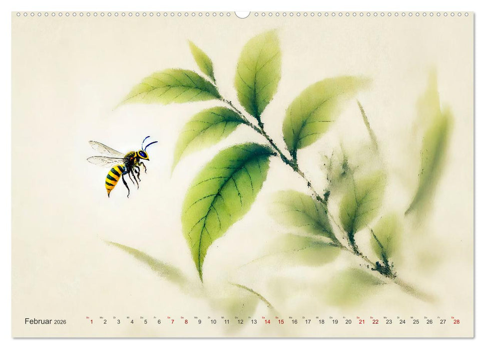 Zen der Natur - Pflanzen und Insekten im Stile der Tuschmalerei (CALVENDO Wandkalender 2026)