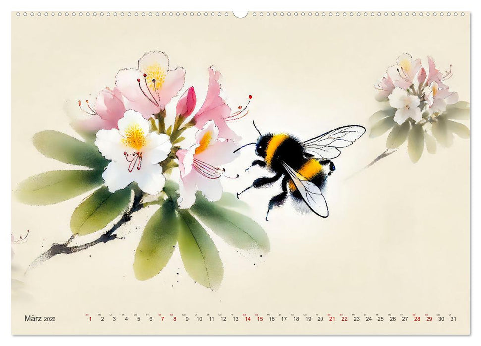 Zen der Natur - Pflanzen und Insekten im Stile der Tuschmalerei (CALVENDO Wandkalender 2026)