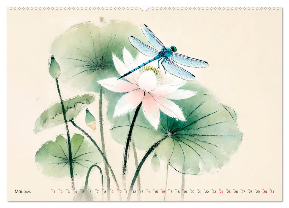 Zen der Natur - Pflanzen und Insekten im Stile der Tuschmalerei (CALVENDO Wandkalender 2026)