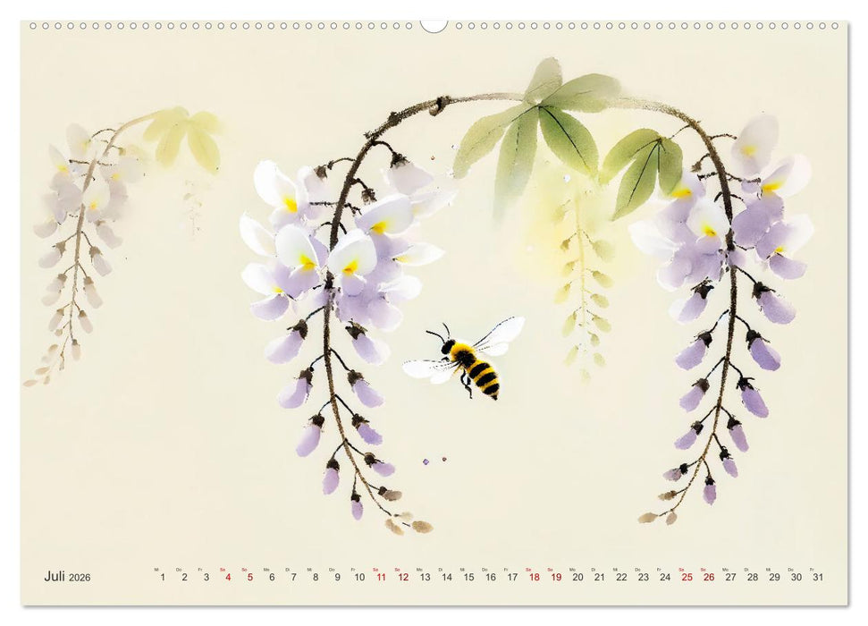 Zen der Natur - Pflanzen und Insekten im Stile der Tuschmalerei (CALVENDO Premium Wandkalender 2026)