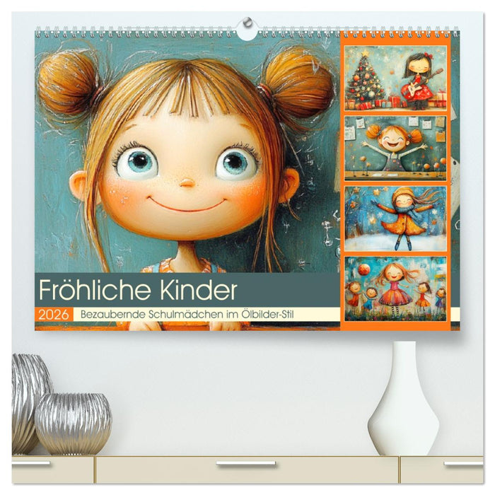 Fröhliche Kinder. Bezaubernde Schulmädchen im Ölbilder-Stil (CALVENDO Premium Wandkalender 2026)