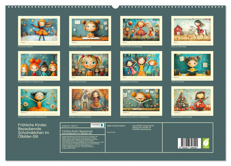 Fröhliche Kinder. Bezaubernde Schulmädchen im Ölbilder-Stil (CALVENDO Premium Wandkalender 2026)
