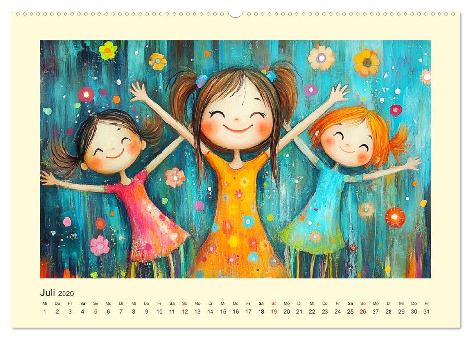 Fröhliche Kinder. Bezaubernde Schulmädchen im Ölbilder-Stil (CALVENDO Premium Wandkalender 2026)