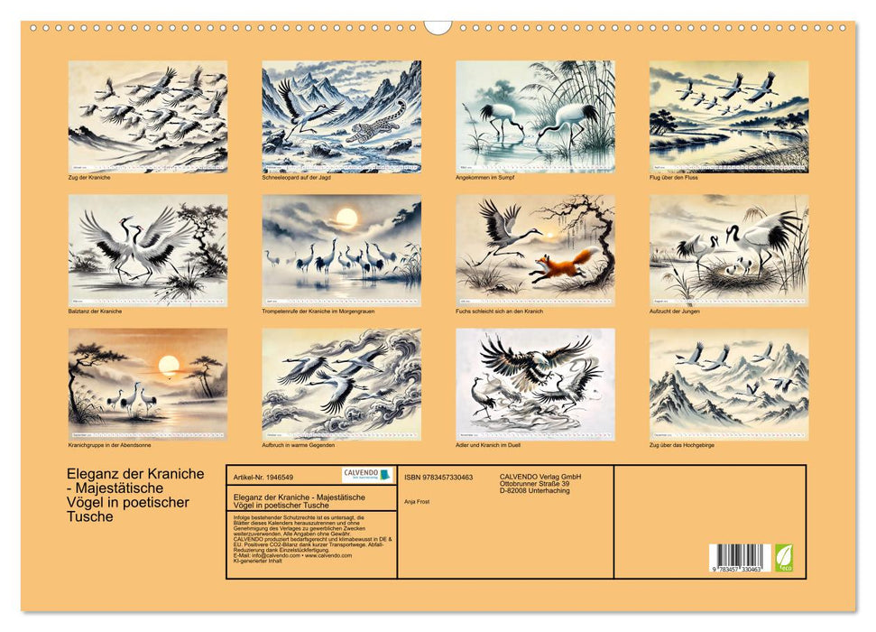 Eleganz der Kraniche - Majestätische Vögel in poetischer Tusche (CALVENDO Wandkalender 2026)