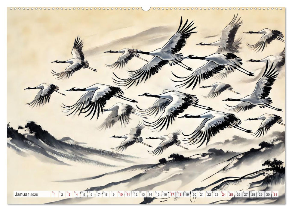 Eleganz der Kraniche - Majestätische Vögel in poetischer Tusche (CALVENDO Wandkalender 2026)