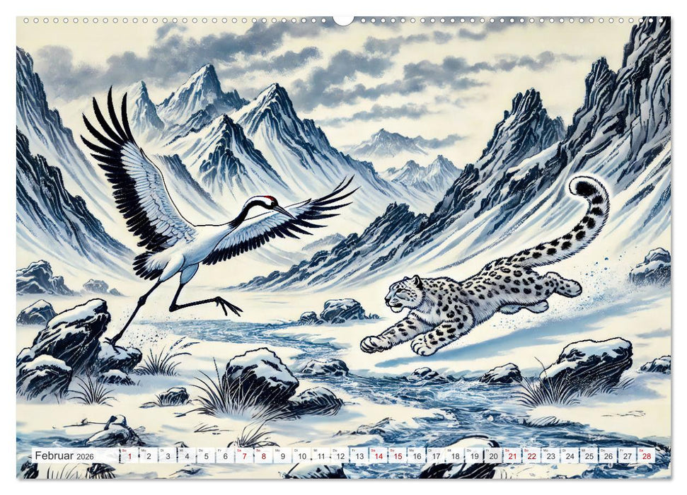 Eleganz der Kraniche - Majestätische Vögel in poetischer Tusche (CALVENDO Wandkalender 2026)