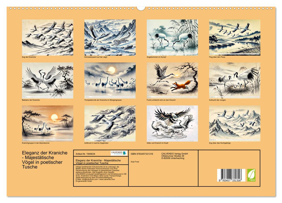 Eleganz der Kraniche - Majestätische Vögel in poetischer Tusche (CALVENDO Premium Wandkalender 2026)