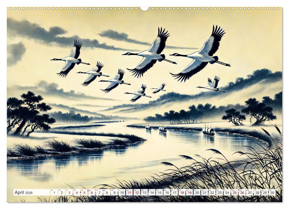 Eleganz der Kraniche - Majestätische Vögel in poetischer Tusche (CALVENDO Premium Wandkalender 2026)