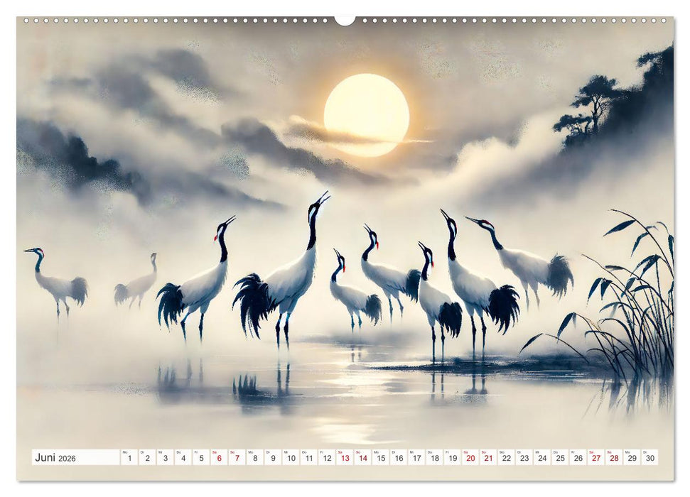 Eleganz der Kraniche - Majestätische Vögel in poetischer Tusche (CALVENDO Premium Wandkalender 2026)