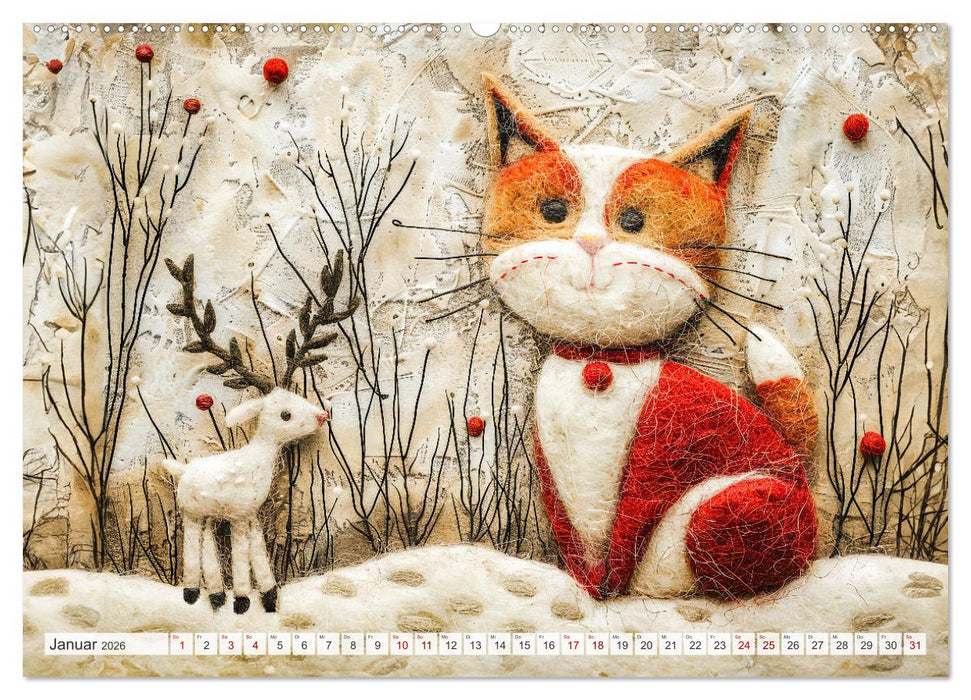 Filzige Katzenfreunde - Ein Jahr voller niedlicher KI-Filzkunst (CALVENDO Wandkalender 2026)