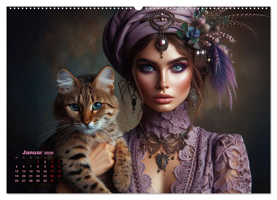 Luxuriöser Bohemian Flair - Elegante Frauen mit anmutigen Katzen (CALVENDO Wandkalender 2026)