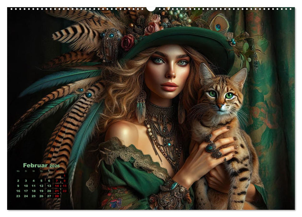 Luxuriöser Bohemian Flair - Elegante Frauen mit anmutigen Katzen (CALVENDO Wandkalender 2026)