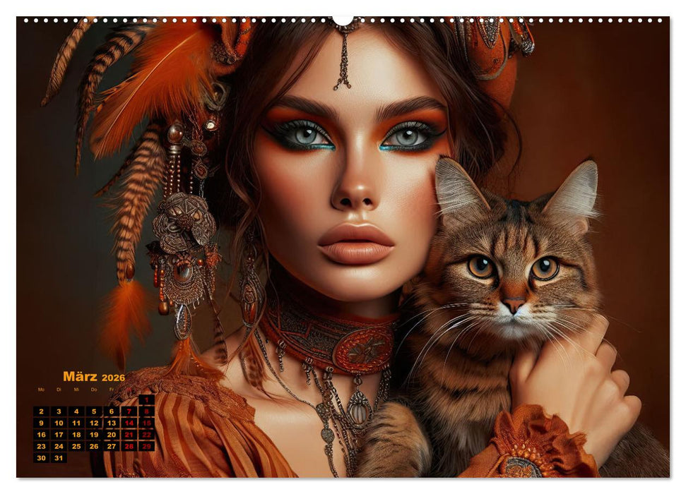 Luxuriöser Bohemian Flair - Elegante Frauen mit anmutigen Katzen (CALVENDO Wandkalender 2026)