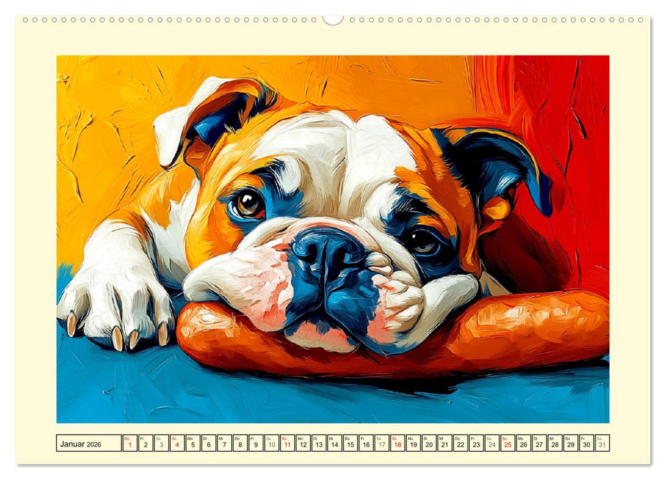 Bulldoggen. Bunter Hundespaß im Ölbilder-Stil (CALVENDO Wandkalender 2026)